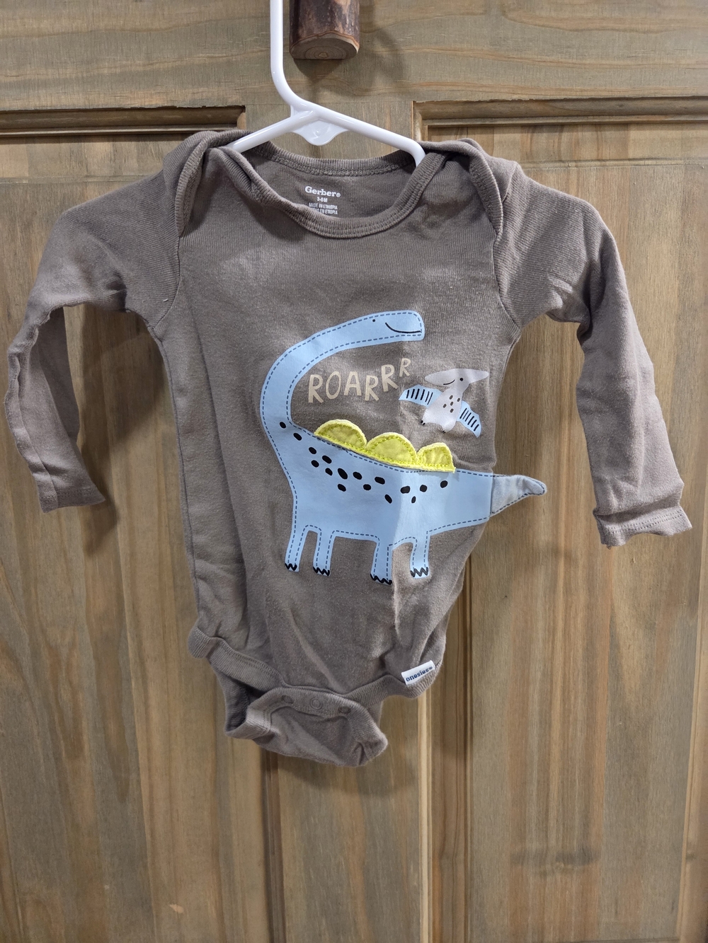 **BUNDLE & SAVE** Gerber Brown Long-Sleeve Dino Applique One-Piece